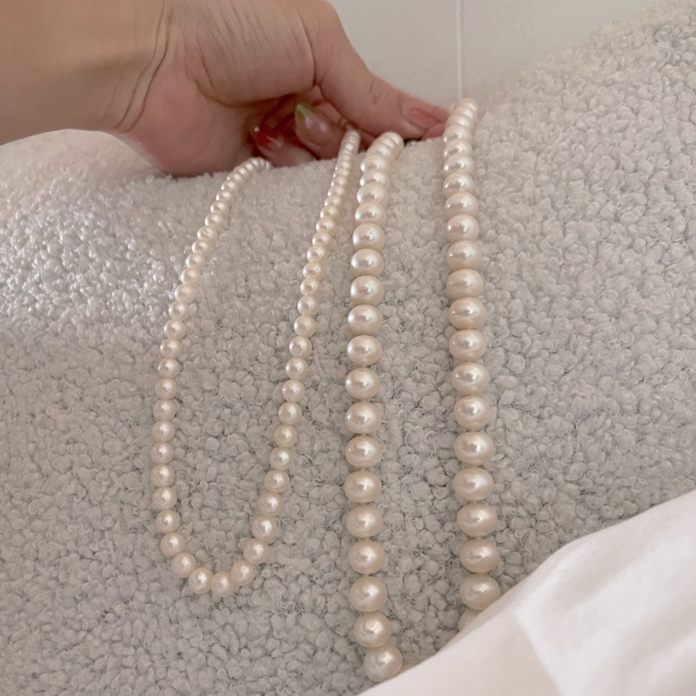 Two Set Peal Necklace (Thick and Thin) Short Cut